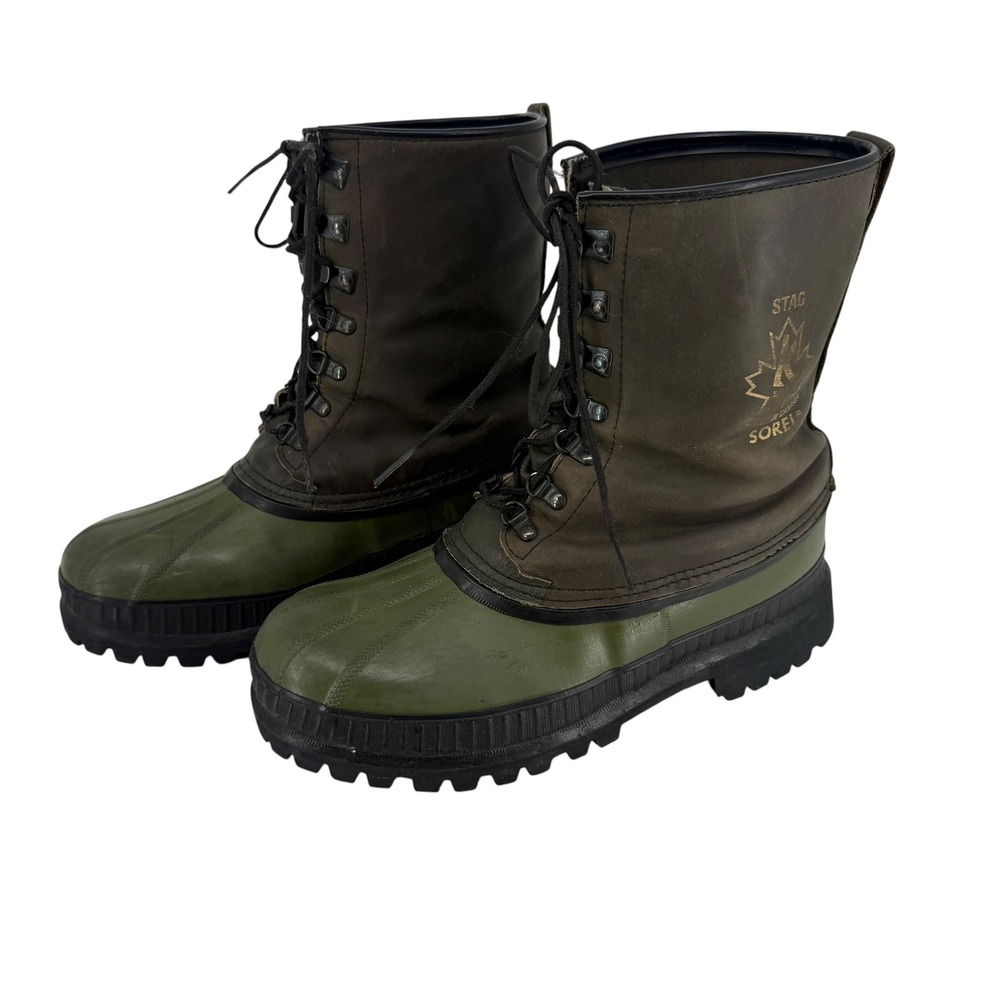 Sorel Stag Green Leather Rubber Duck Boots Vintage Canada Men 10 No Liner